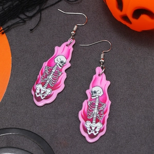 Pink gradient flame earrings with white skeleton pattern for Halloween party
