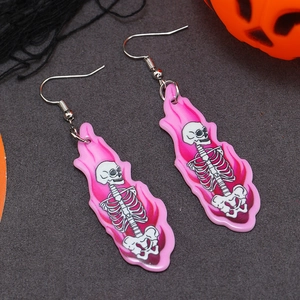 Pink flame acrylic earrings with white skeleton prints for Halloween punk style jewelry