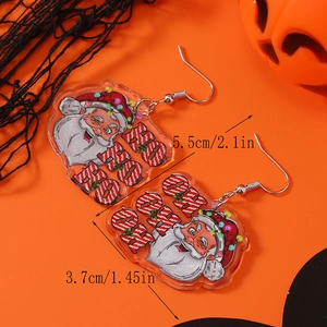 Détail des boucles d'oreilles Père Noël en acrylique avec texte HO HO HO et dimensions
