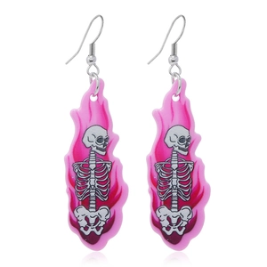 Pink flame acrylic earrings with white skeleton print for Halloween punk style jewelry