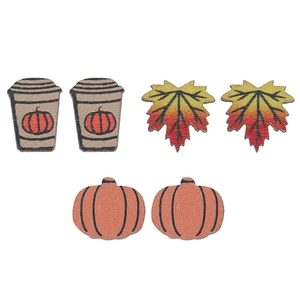 Three pairs of Halloween wooden earrings with pumpkin coffee cups and maple leaf designs
