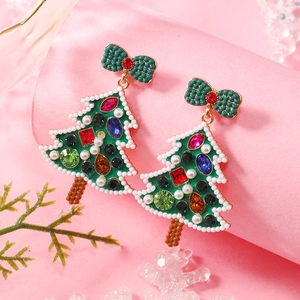 Orecchini a goccia albero di Natale con strass colorati e fiocco di perline verdi