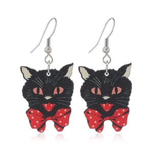 Halloween-Ohrringe mit schwarzen Katzen, gepunkteten Schleifen und gelben Augen auf weiß