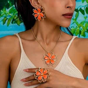 Chic orange enamel floral jewelry set with necklace earrings and ring for women