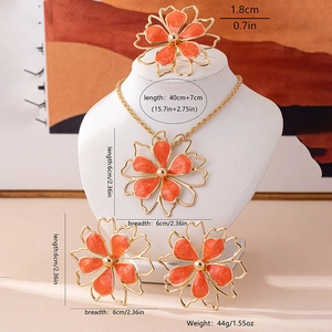 Detailed view of orange enamel flower jewelry set with precise size specifications