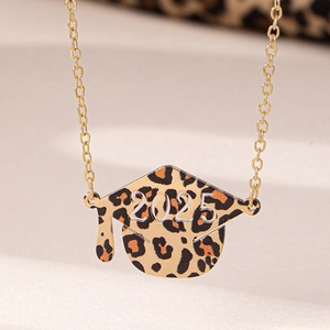 2025 Graduation necklace featuring a leopard print mortarboard pendant on a gold chain
