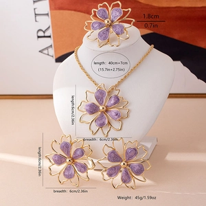 Lavender enamel floral jewelry set with necklace earrings and ring in golden finish
