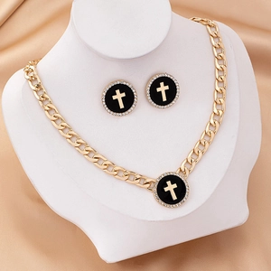 Gold-plated enamel cross jewelry set with cuban link chain and rhinestone circles