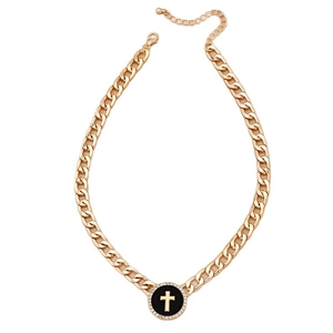 Golden Cuban chain necklace with a black enamel round cross pendant and crystals