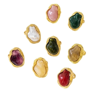 Vintage Baroque irregular pearl rings set with golden lava texture and colorful gems