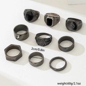 9-teiliges Ring-Set für Herren im Retro-Stil in Vintage-Silber mit verschiedenen Texturen
