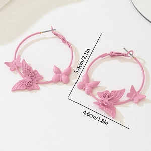 Pink butterfly large hoop earrings with matte finish and 5.4cm diameter measurement