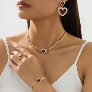 Vintage Gold Plated Alloy Enamel Heart Necklace Bracelet Earrings And Ring For Women Elegant Rhinestone Jewelry Accessories