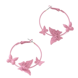 Pink matte alloy hoop earrings with 3D butterfly charms and 925 silver needle