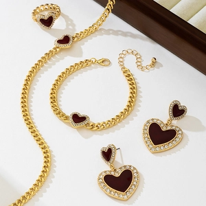 Elegant gold-plated heart jewelry set with burgundy enamel and crystal necklace