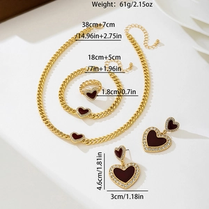 Elegant 5-piece red heart jewelry set with necklace, bracelet and ring in gold plating