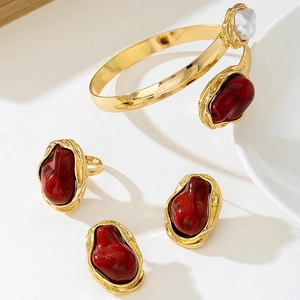 Vintage Alloy Bohemian Jewelry Set Gold Plated Resin Faux Artificial Pearl Adjustable Bangle Ring Stud Earrings For Women Party Jewelry