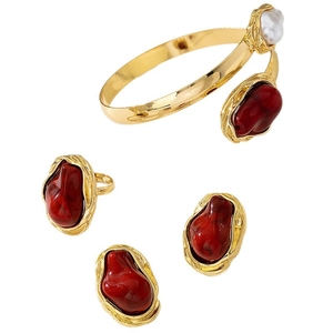 Bohemian gold jewelry set with red stones and baroque pearl featuring adjustable ring