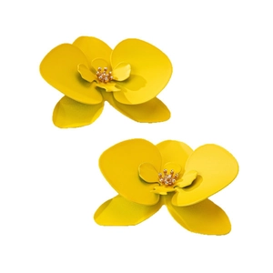 Exaggerated yellow orchid floral stud earrings with vibrant three-layer metal petals
