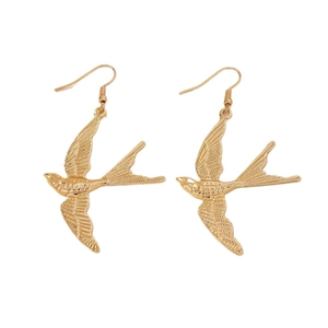 Golden swallow bird drop earrings with detailed feather texture and fishhook back