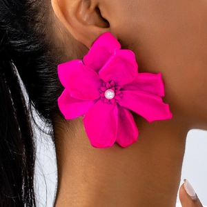 Statement Oversized Flower Earrings Alloy Lacquered Rose Red Floral Stud Earrings With Faux Artificial Pearl For Women Party Jewelry