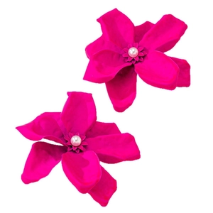 Exaggerated rose red metal flower earrings with central white pearl accent