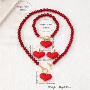 Detailed dimensions of red heart beaded jewelry set with toggle clasp and dimensions