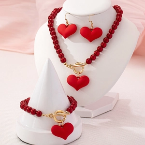 French vintage red heart jewelry set with necklace, earrings and bracelet for women