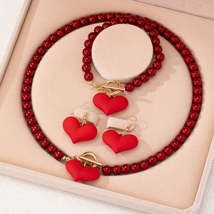 Elegant French vintage red heart jewelry set with OT buckle necklace, bracelet and earrings