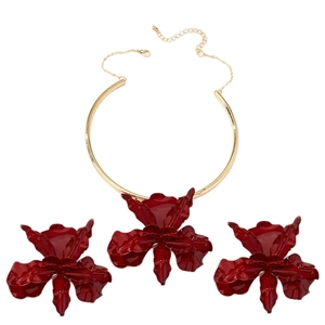 Ensemble collier et boucles d'oreilles fleur bordeaux exagéré pour femme streetwear