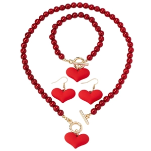 French vintage red heart jewelry set including OT clasp necklace, bracelet and earrings