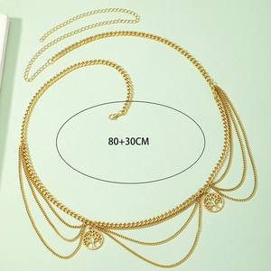Chaîne de taille dorée multicouche avec pendentifs arbre de vie et franges en strass