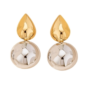 Polished geometric two-tone metal teardrop and spherical earrings on white background