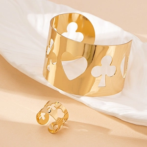 Golden hollow heart and club metal cuff bracelet and ring set for women