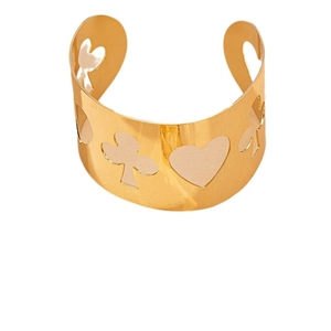 Polished gold hollow cuff bracelet featuring heart and clover floral motifs in a minimalist style