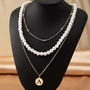 Vintage Elegant Multi-layer Alloy Necklace Gold Plated Imitation Artificial Pearl Round Initial Letter Pendant Jewelry For Women