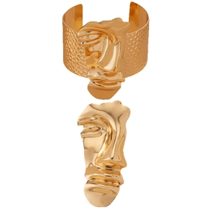 Bracciale rigido dorato largo con rilievo facciale astratto e dettagli con nido d'ape