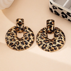 Trendy leopard print geometric round hoop earrings with vintage gold textured metal finish