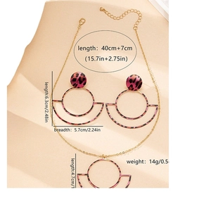 Golden geometric circle pendant necklace and leopard print earrings jewelry set for women