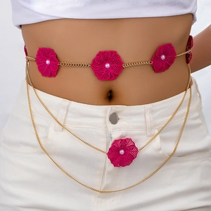 Vintage Hollow Out Flower Waist Chain For Women Gold Metal Layered Body Jewelry With Elegant White Imitation Artificial Pearl Accents