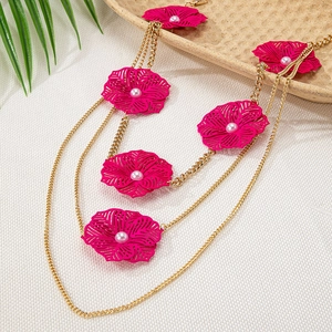 Multilayer gold waist chain with hollow rose flowers and imitation pearls for beach fashion