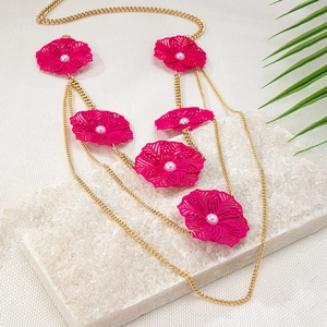 Elegant gold-tone multi-layer waist chain with rose red hollow flowers and pearls