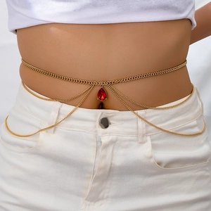 Elegant Layered Alloy Gold Body Chain For Women Fashion Red Rhinestone Teardrop Pendant Waist Chain Beach Party Jewelry Accessory