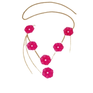 Elegant gold metal waist chain with hollow rose pink flowers and inlaid white pearls