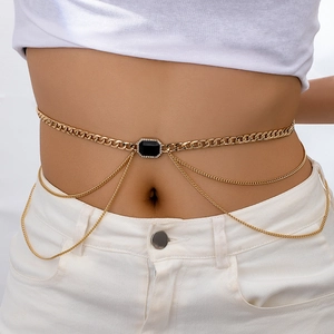 Vintage Gold Multi Layer Waist Chain For Women Black Gemstone Rhinestone Inlaid Fashion Belly Body Jewelry Belt Accessory