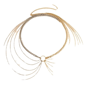Ceinture chaîne multicouche chic avec maillons or et argent et franges en métal
