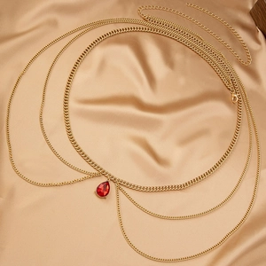 Elegant multi-layer gold waist chain with a vibrant red water-drop gemstone pendant