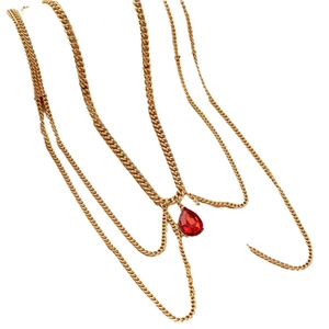 Elegant multi-layer gold waist chain featuring a teardrop red gemstone pendant