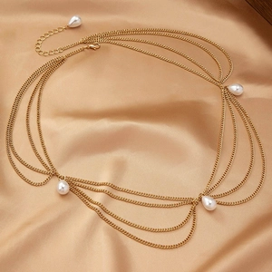 Bohemian gold layered waist chain with elegant pearl teardrops and adjustable clasp