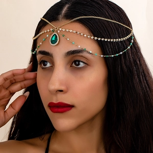 Chaîne de Tête en Alliage d'Or Multicouche Bohémienne Exotique Goutte Verte Strass Gland Bijoux de Front Accessoire Cheveux Femme